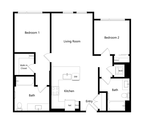 Floor plan for 2 beds, 2 baths, 949 sqft